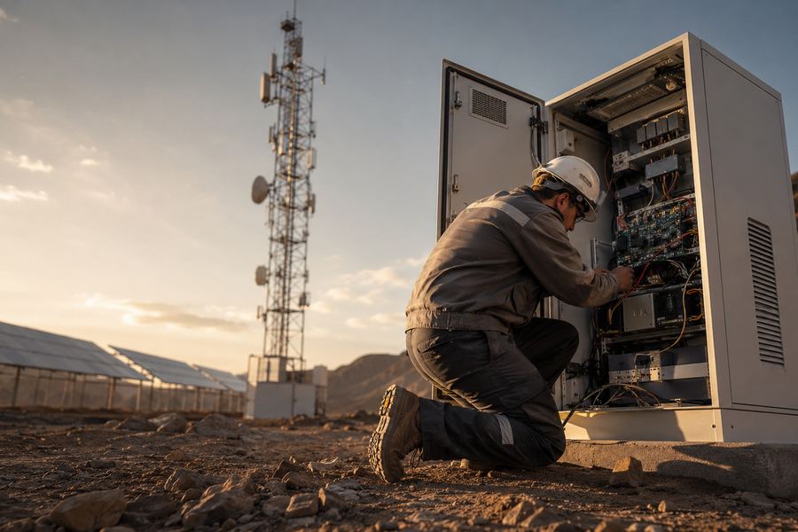 Technician servicing an outdoor surveillance cabinet