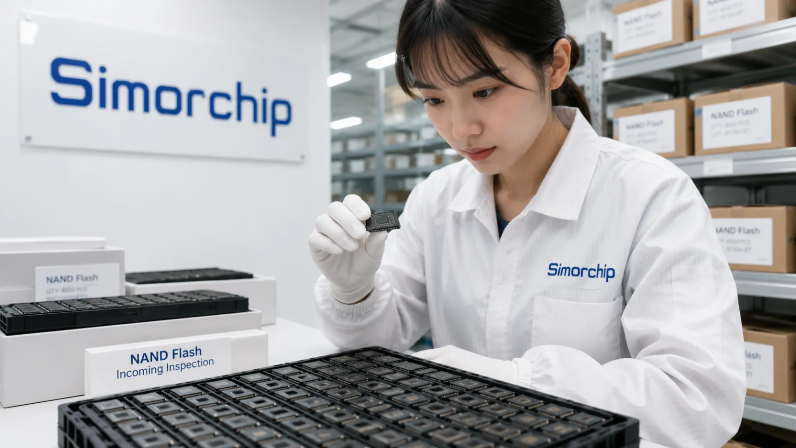 SIMORCHIP incoming inspection, checking a NAND Flash package before it enters production