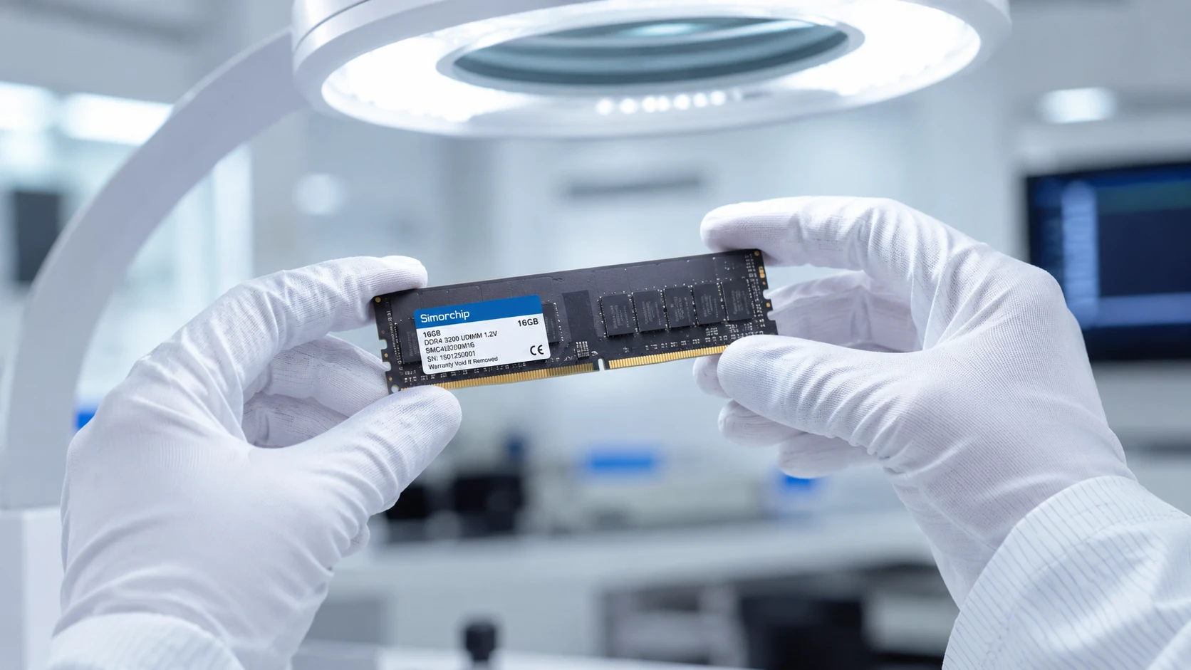 Gloved inspection of a DDR4 module under a lamp
