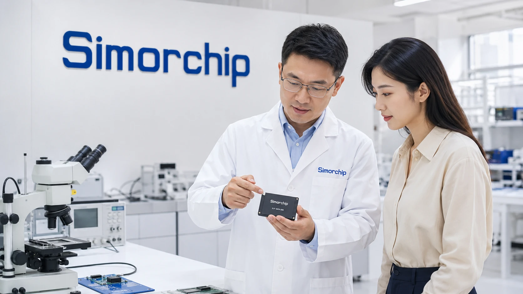 Two engineers reviewing a 2.5-inch drive at a lab bench