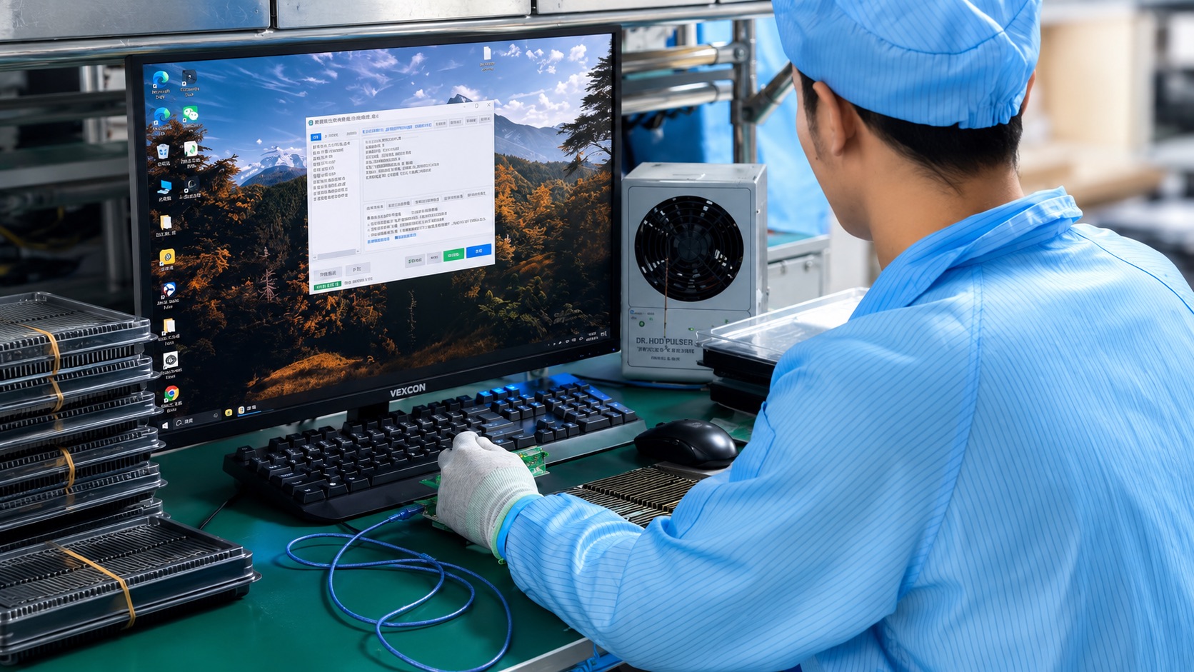 Quality control inspector verifying product data on a test station